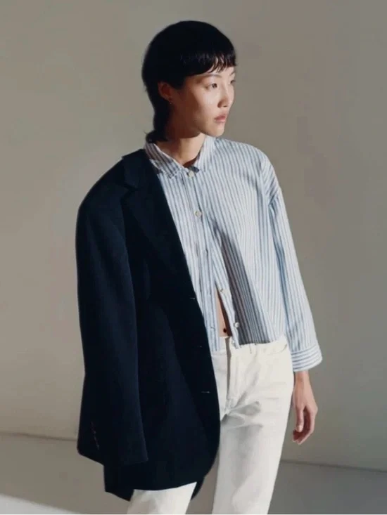 Everlane Cropped Striped Cotton Button Down The Woven PJ Top NWT Medium - Picture 4 of 13